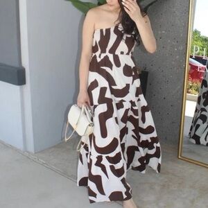 Anthropologie Abel the Label One Shoulder Maxi Dress Brown Cream Ivory Sz Small